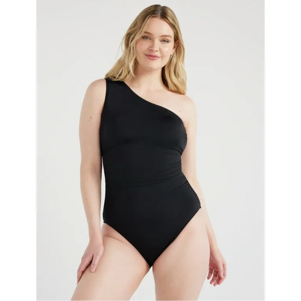 Time and Tru One Shoulder Ruched One Piece Swimsuit Women’s Medium 8-10 Black
